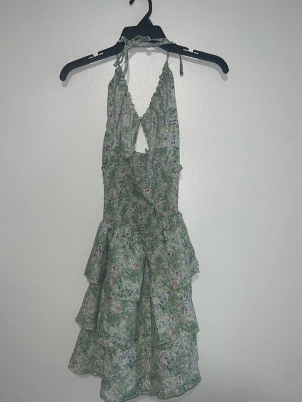 Green Floral Halter Tiered Summer Dress